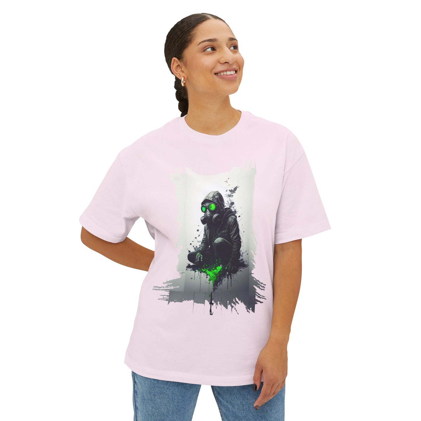 Unisex Oversized Boxy Tee with Unique Green Gas Mask Design, Graphic Tee, Streetwear Fashion, Gift for Gamers, Casual Style