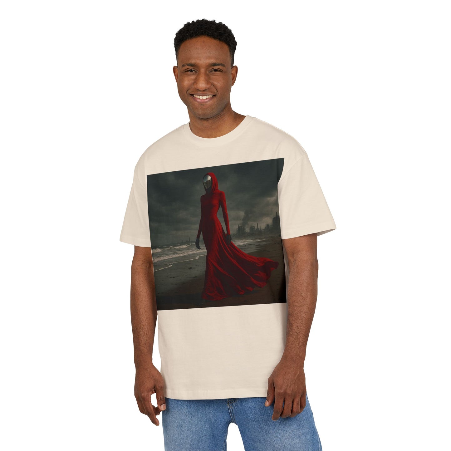 Mystical Red Hooded Tee - Unisex Oversize T-Shirt, Grunge Fashion, Streetwear Style, Gift for Horror Fans, Casual Wear