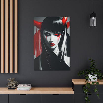 Japanese Art Canvas, Stretched Wall Art, Modern Home Decor, Red and Black Portrait, Unique Gift for Art Lovers, Asian Aesthetic