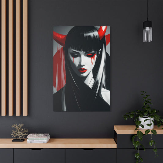 Japanese Art Canvas, Stretched Wall Art, Modern Home Decor, Red and Black Portrait, Unique Gift for Art Lovers, Asian Aesthetic