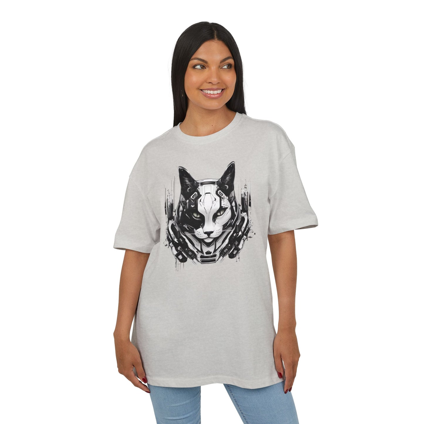 Cyber Cat Graphic Tee - Unisex Oversized T-Shirt, Cool Streetwear, Gift for Cat Lovers, Futuristic Design, Casual Everyday Wear