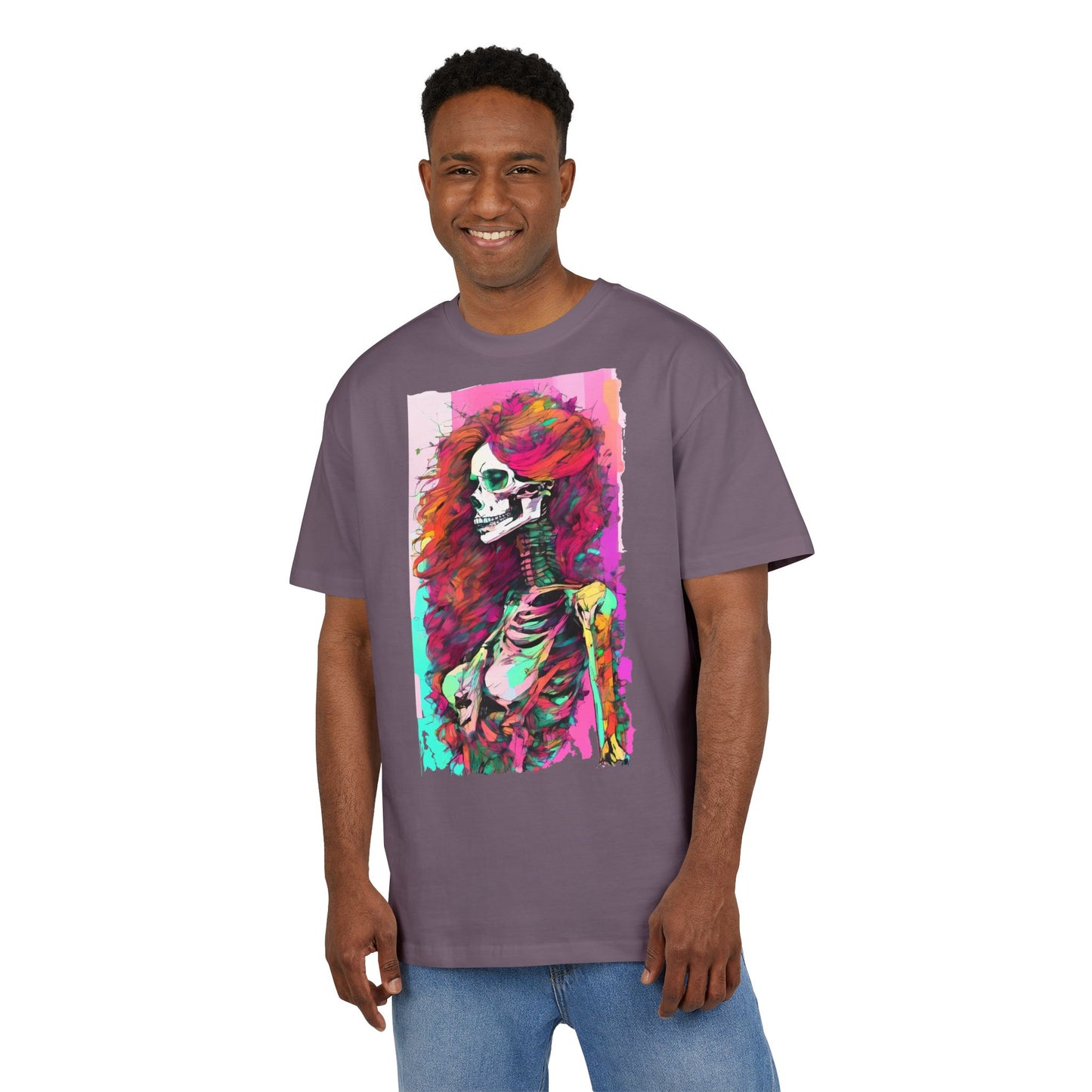 Vibrant Skeleton Art Unisex Heavy Oversize Tee, Halloween Shirt, Statement Tee, Graphic Tee, Casual Wear, Gift