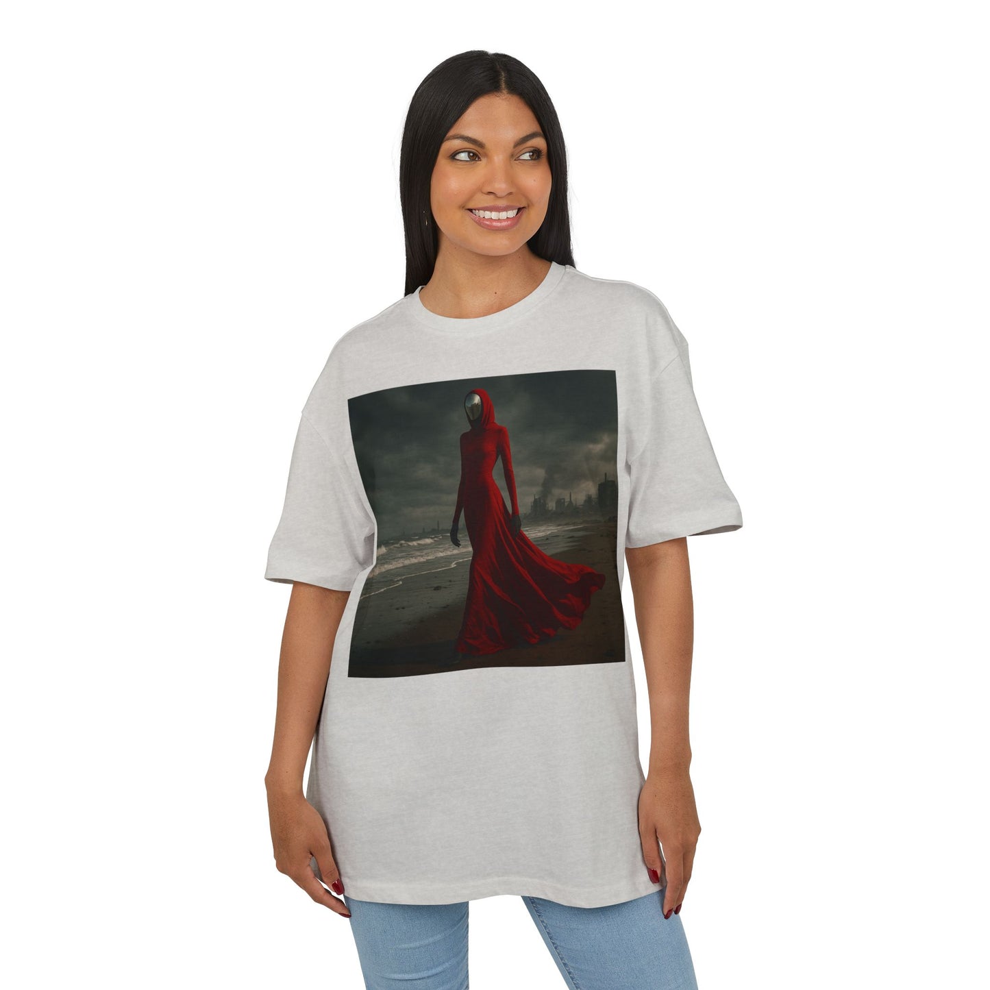 Mystical Red Hooded Tee - Unisex Oversize T-Shirt, Grunge Fashion, Streetwear Style, Gift for Horror Fans, Casual Wear