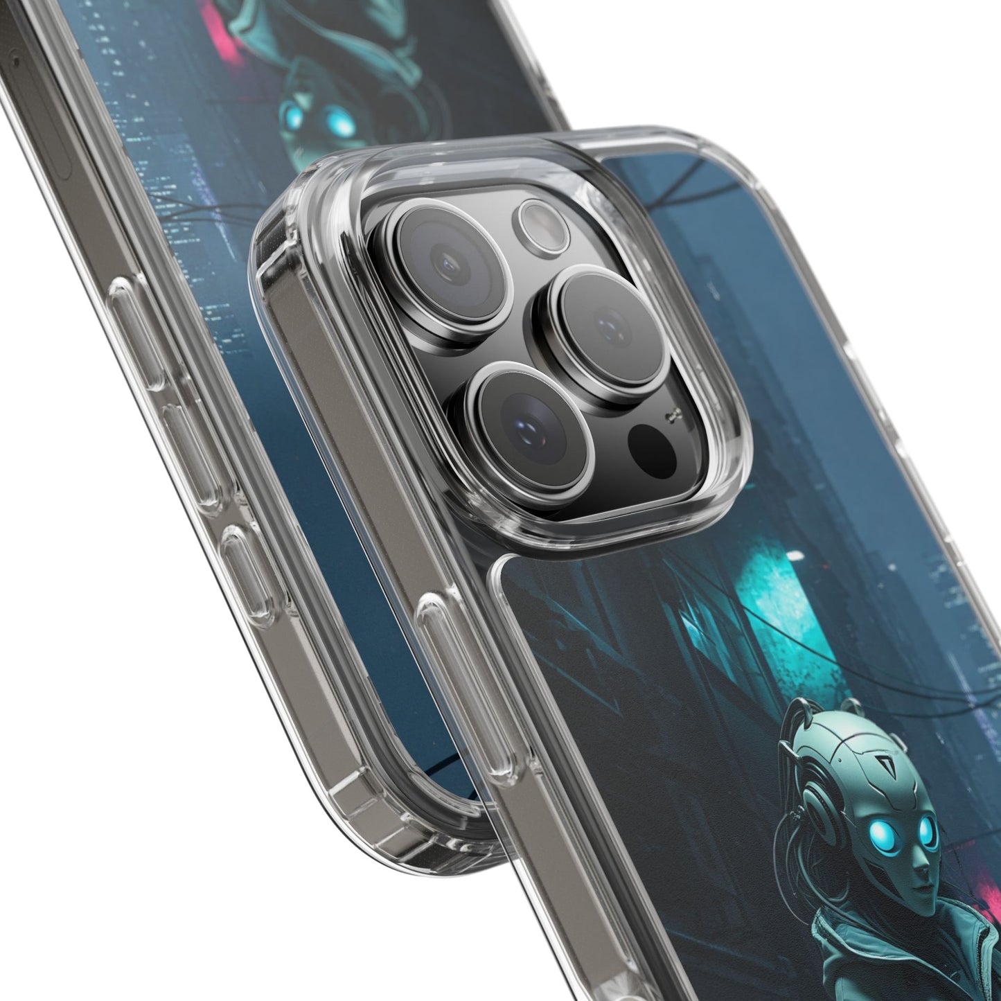 Futuristic Clear Phone Case with Neon City Design