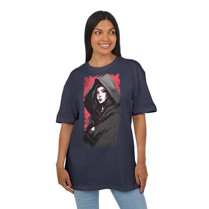 Artistic Oversize Tee with Hooded Character Design, Unisex Streetwear, Graphic Tee, Casual Wear, Unique Gift, Fashion Statement