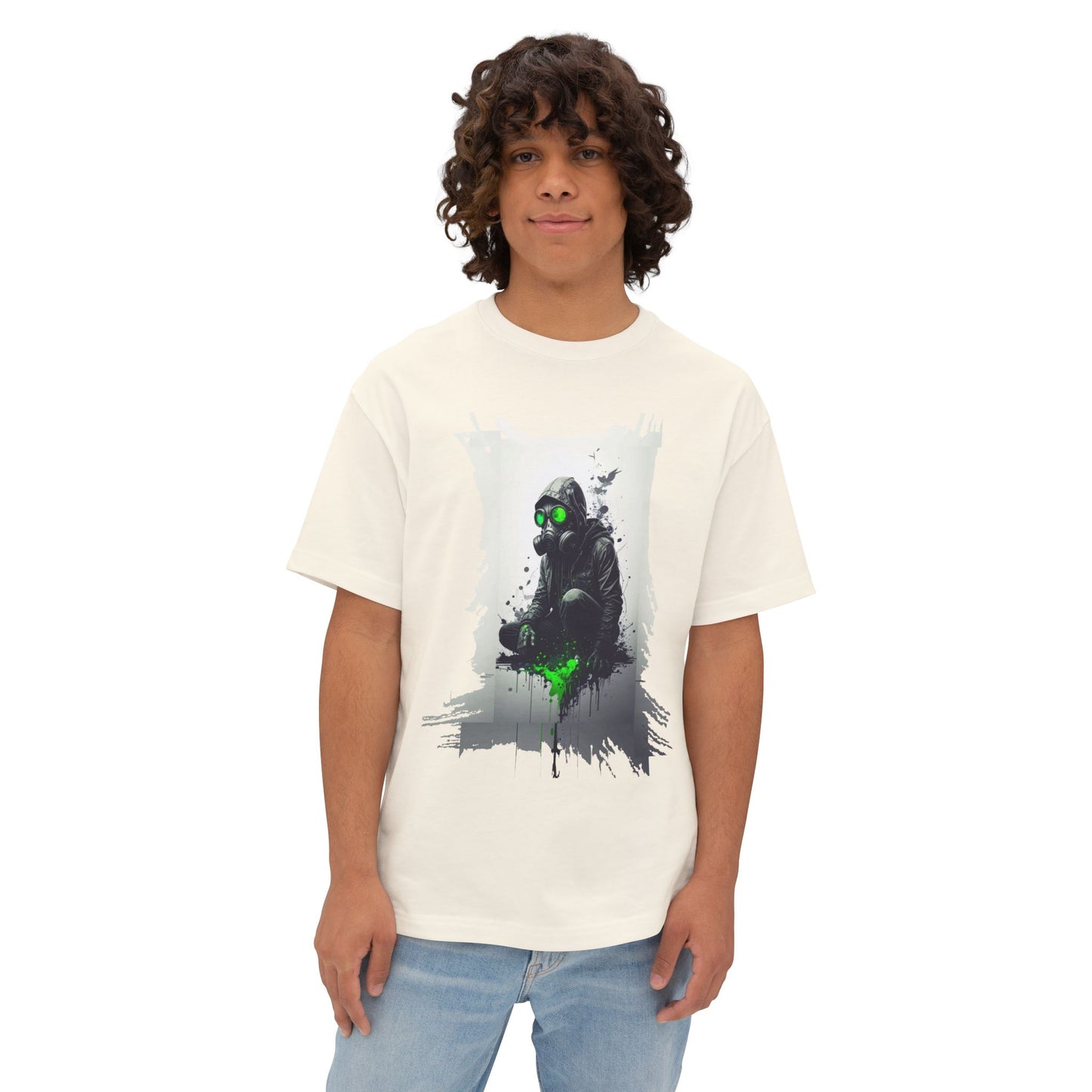 Unisex Oversized Boxy Tee with Unique Green Gas Mask Design, Graphic Tee, Streetwear Fashion, Gift for Gamers, Casual Style