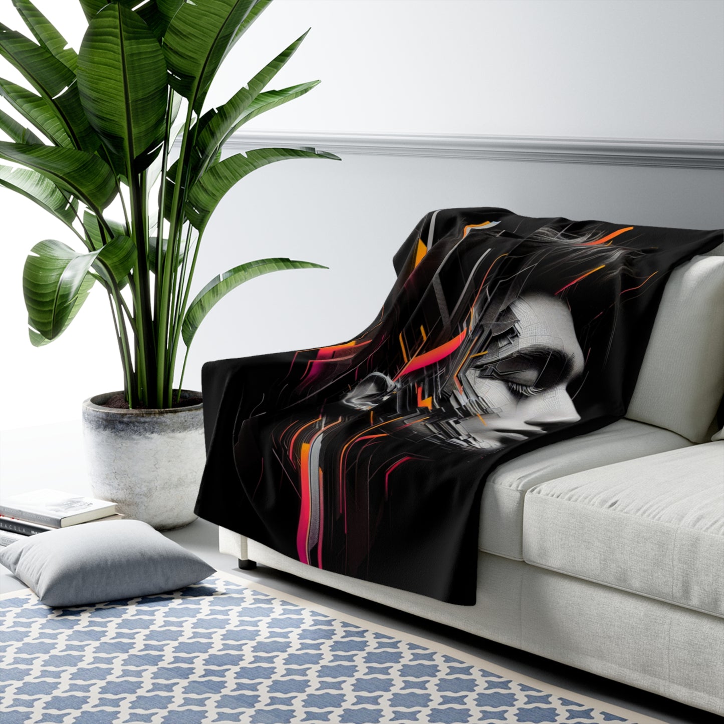 Modern Sherpa Fleece Blanket - Abstract Portrait Design for Cozy Home Decor