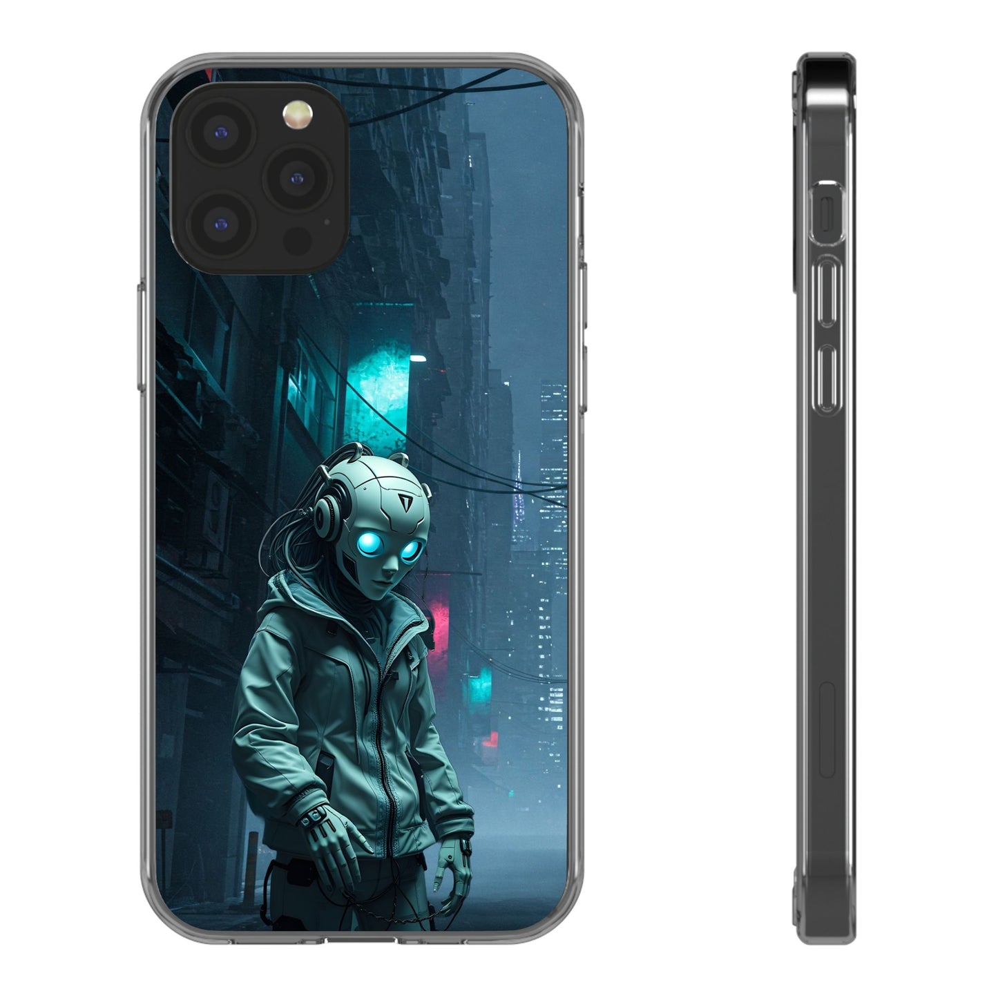 Futuristic Clear Phone Case with Neon City Design