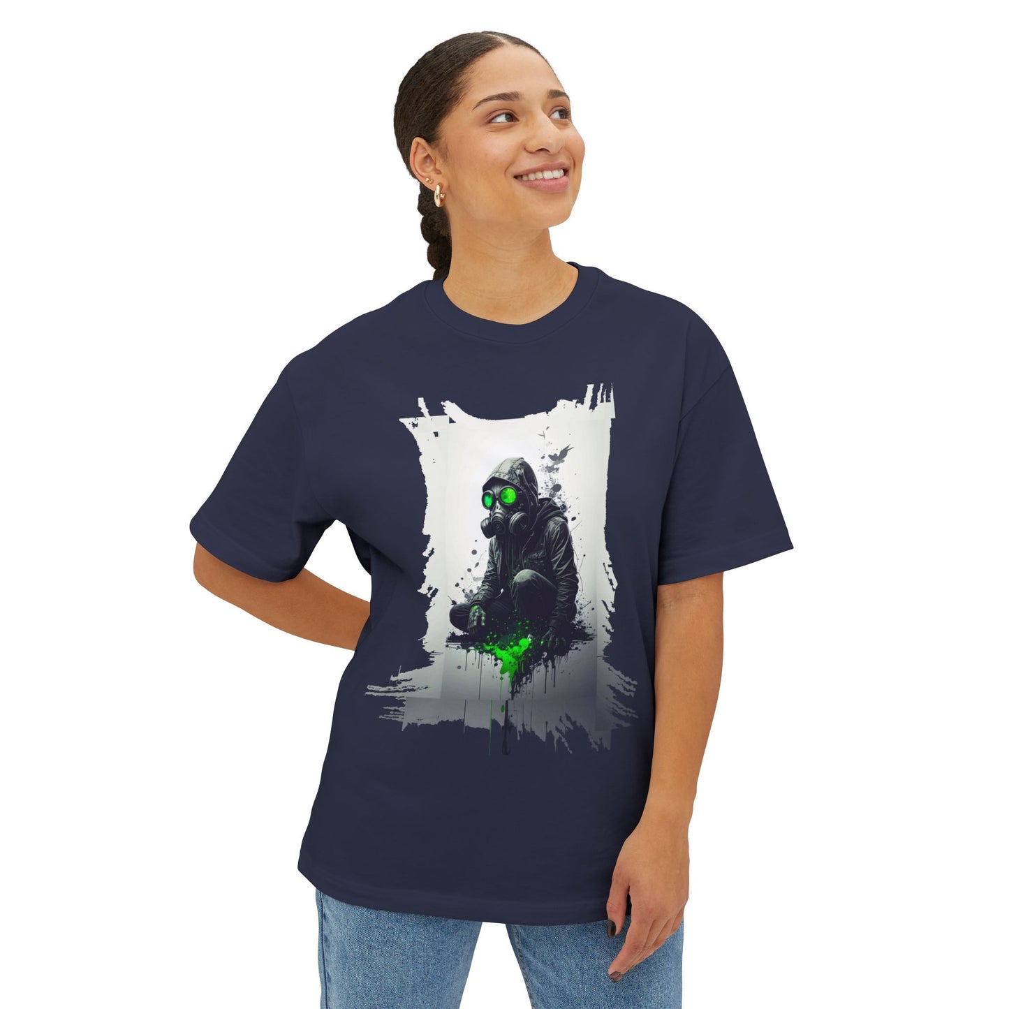 Unisex Oversized Boxy Tee with Unique Green Gas Mask Design, Graphic Tee, Streetwear Fashion, Gift for Gamers, Casual Style
