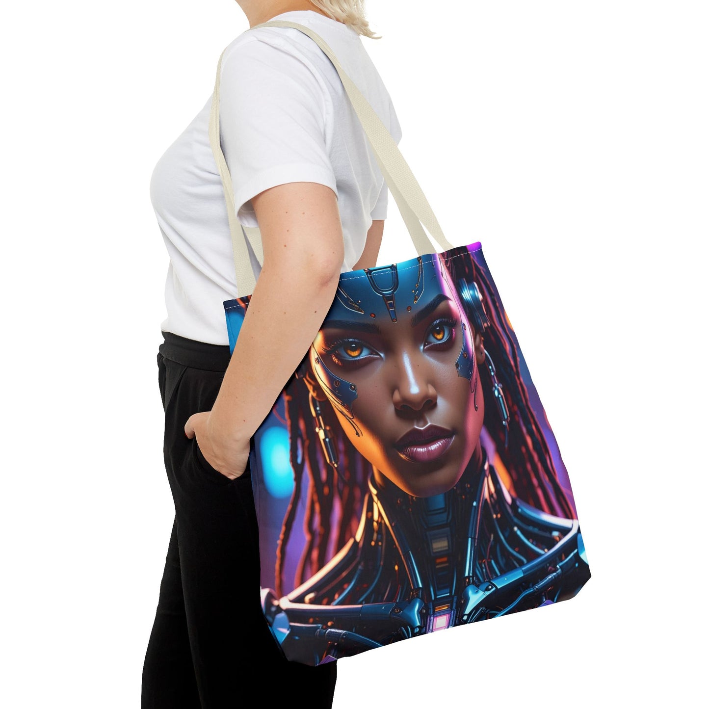 Futuristic Cyberpunk Tote Bag, AOP Tote, Cool Gift for Tech Lovers, Stylish Bag for Everyday Use, Space-Themed Fashion