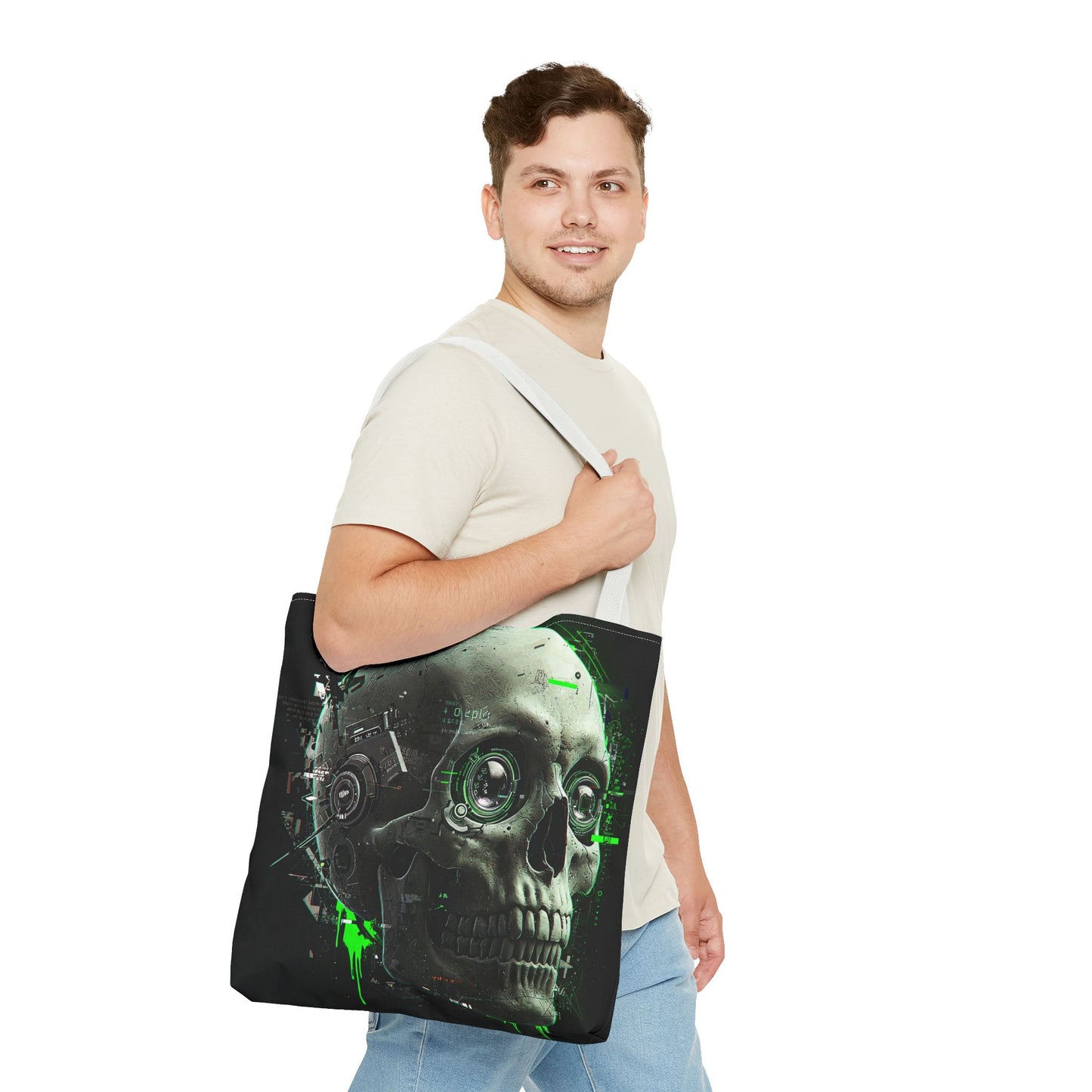 Futuristic Skull Tote Bag, Eco-Friendly Shopping Bag, Graphic Tote, Halloween Gift, Unique Art Bag, Stylish Carryall, Gift for Nerds
