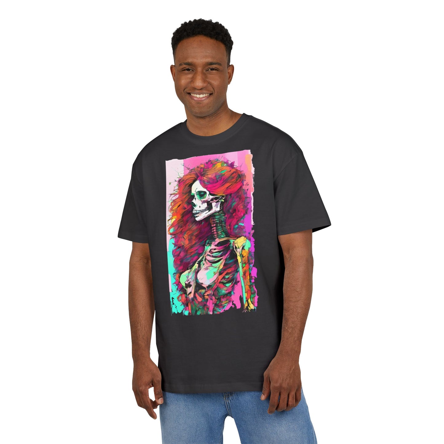 Vibrant Skeleton Art Unisex Heavy Oversize Tee, Halloween Shirt, Statement Tee, Graphic Tee, Casual Wear, Gift