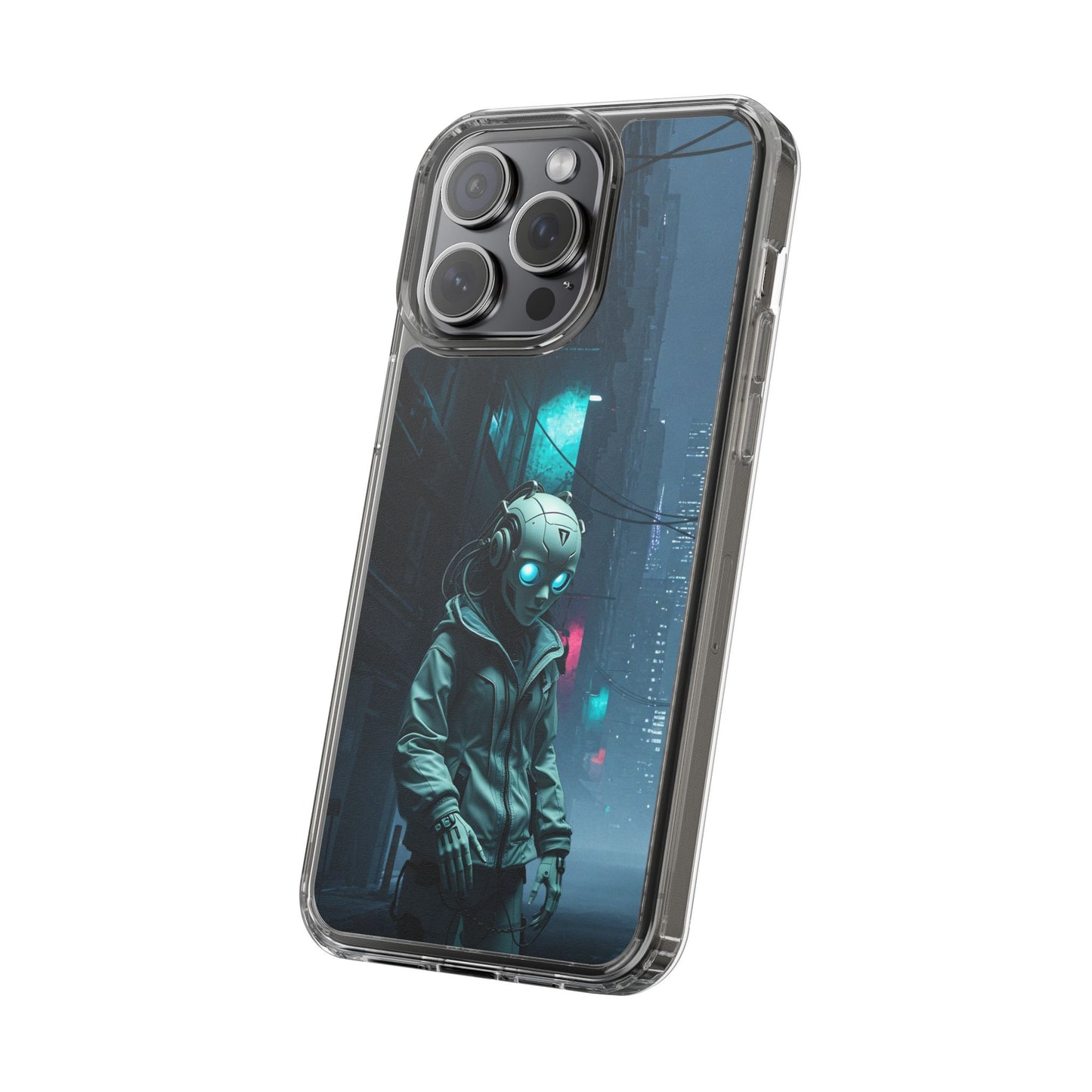 Futuristic Clear Phone Case with Neon City Design