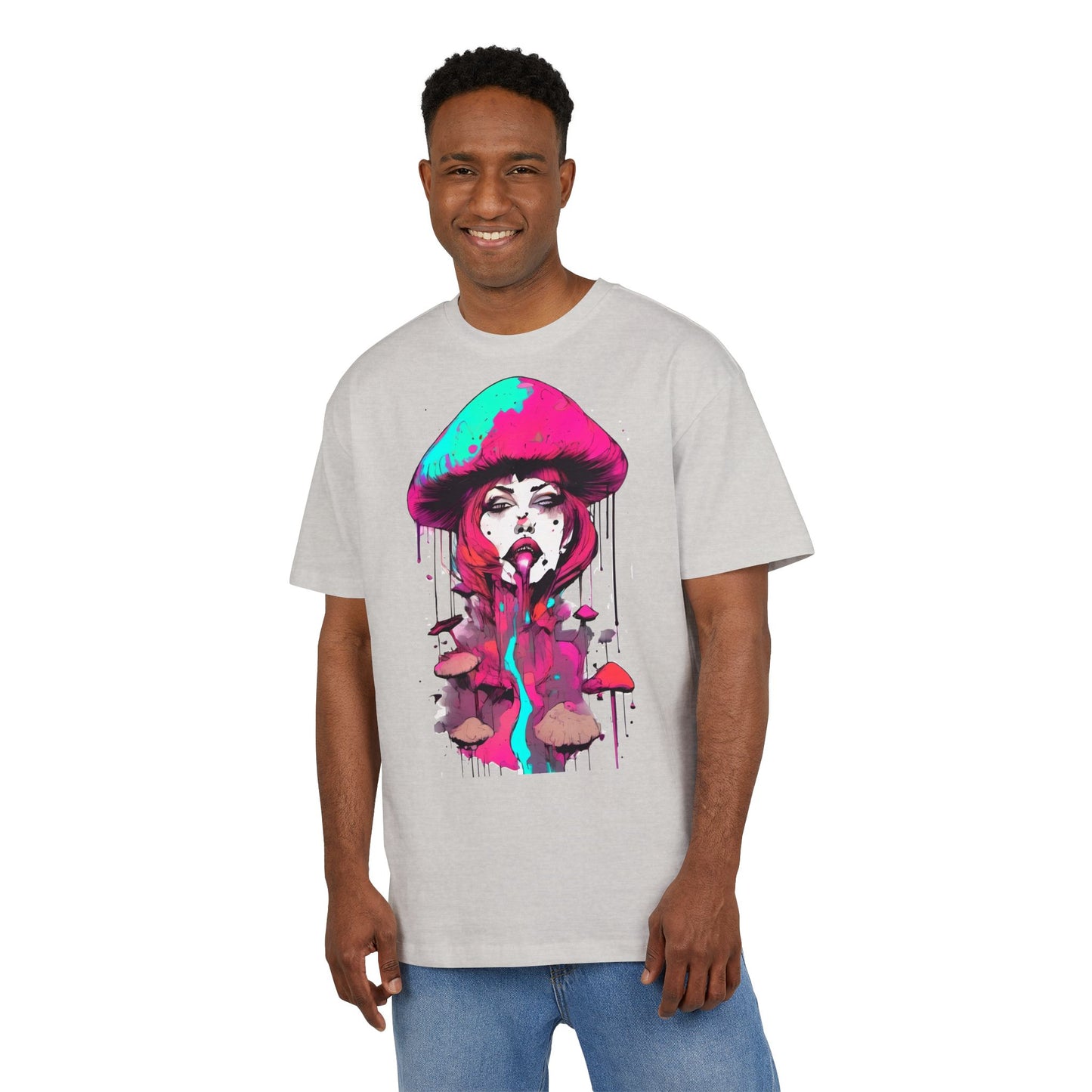Vibrant Mushroom Art Unisex Heavy Oversize Tee, Funky T-Shirt, Artistic Casual Wear, Gift for Art Lovers, Unique Streetwear