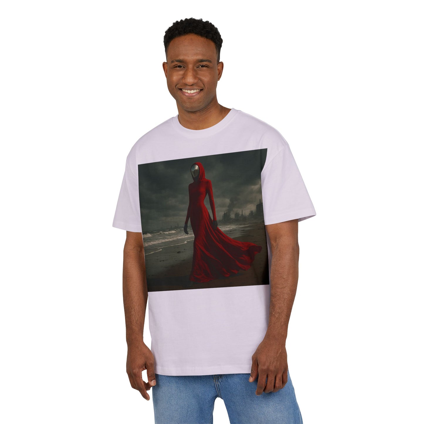Mystical Red Hooded Tee - Unisex Oversize T-Shirt, Grunge Fashion, Streetwear Style, Gift for Horror Fans, Casual Wear