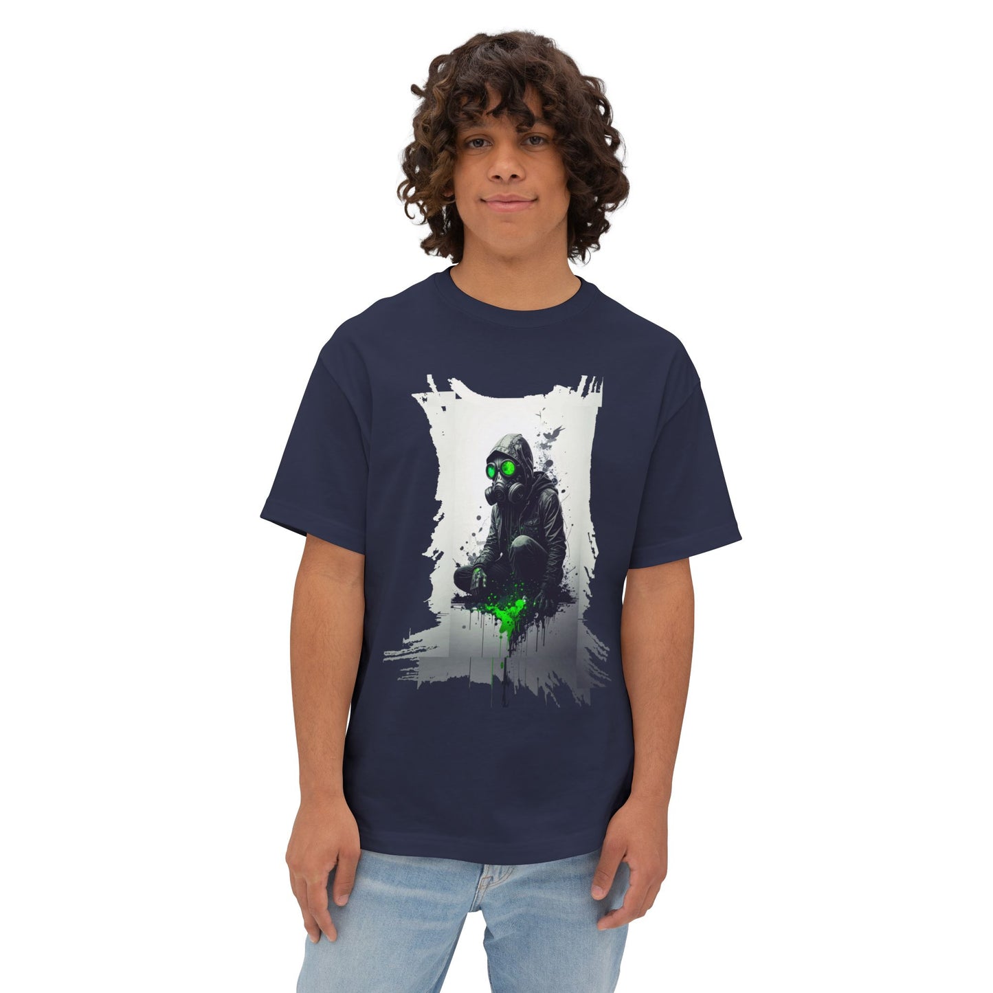 Unisex Oversized Boxy Tee with Unique Green Gas Mask Design, Graphic Tee, Streetwear Fashion, Gift for Gamers, Casual Style