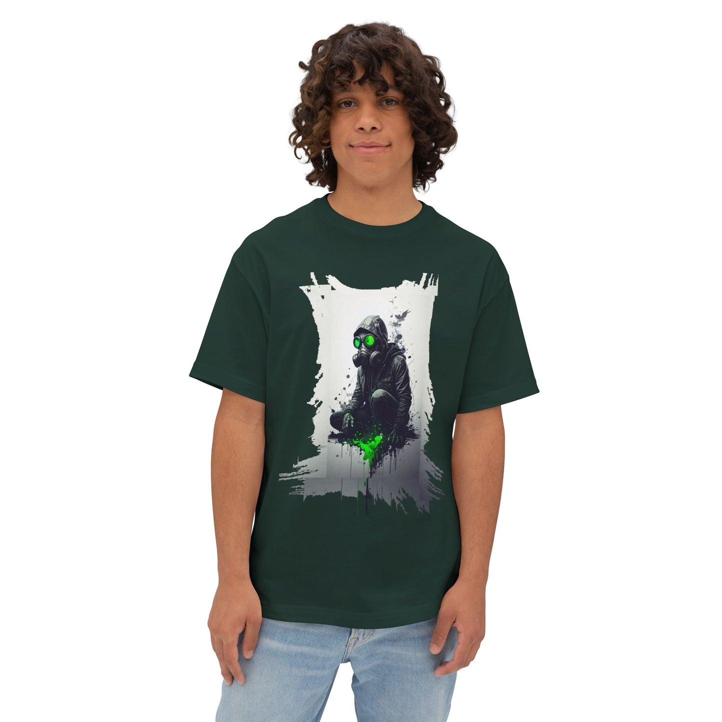 Unisex Oversized Boxy Tee with Unique Green Gas Mask Design, Graphic Tee, Streetwear Fashion, Gift for Gamers, Casual Style