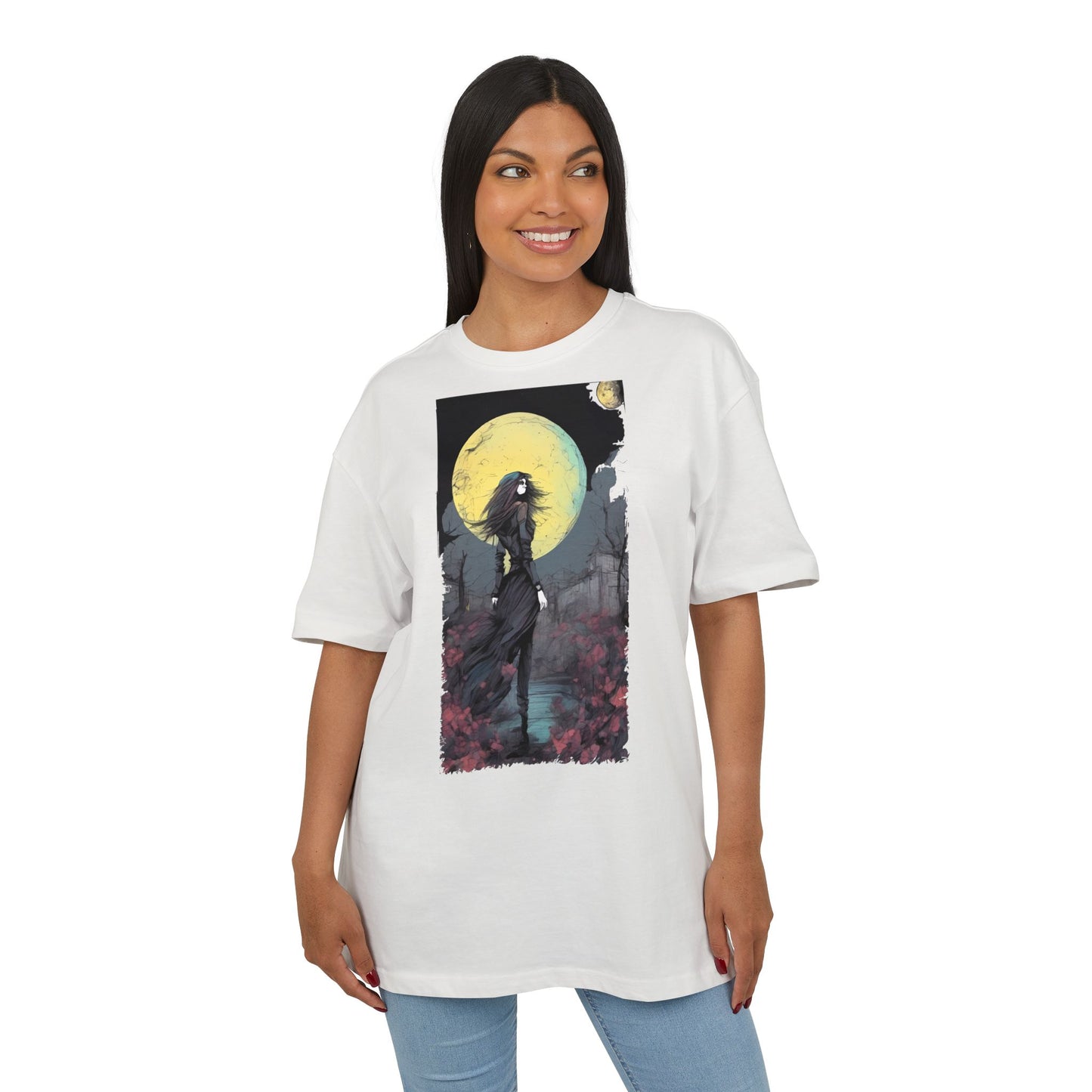 Moonlit Witch Oversize Tee, Cozy Casual Wear, Halloween Outfit, Gothic Style, Gift for Her, Everyday Fashion