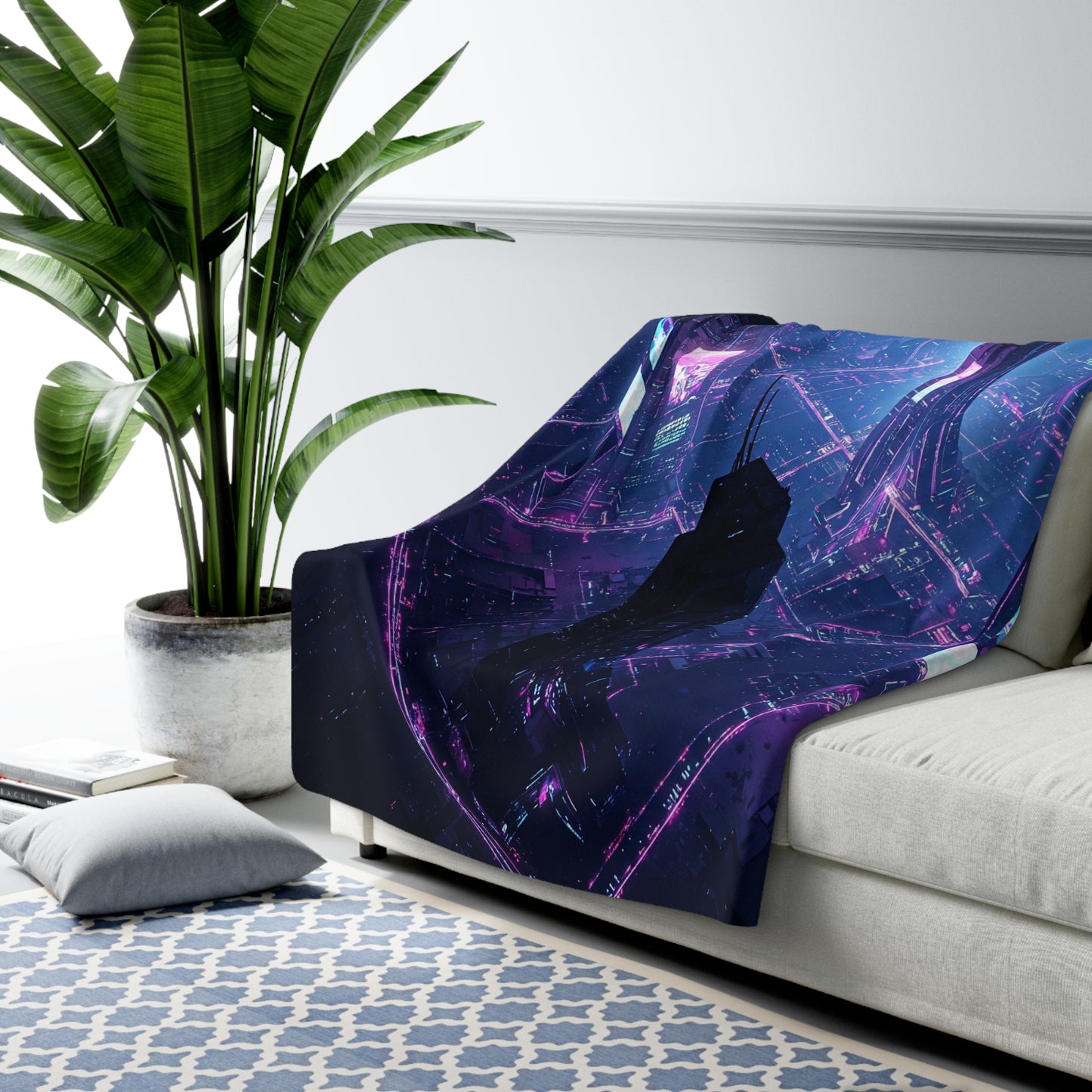 Futuristic Sherpa Fleece Blanket - Cozy Cyberpunk Decor for Home