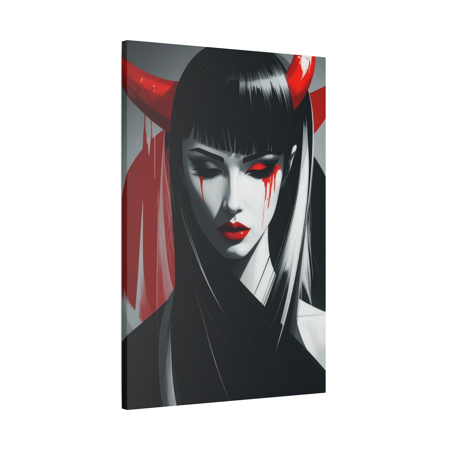 Japanese Art Canvas, Stretched Wall Art, Modern Home Decor, Red and Black Portrait, Unique Gift for Art Lovers, Asian Aesthetic