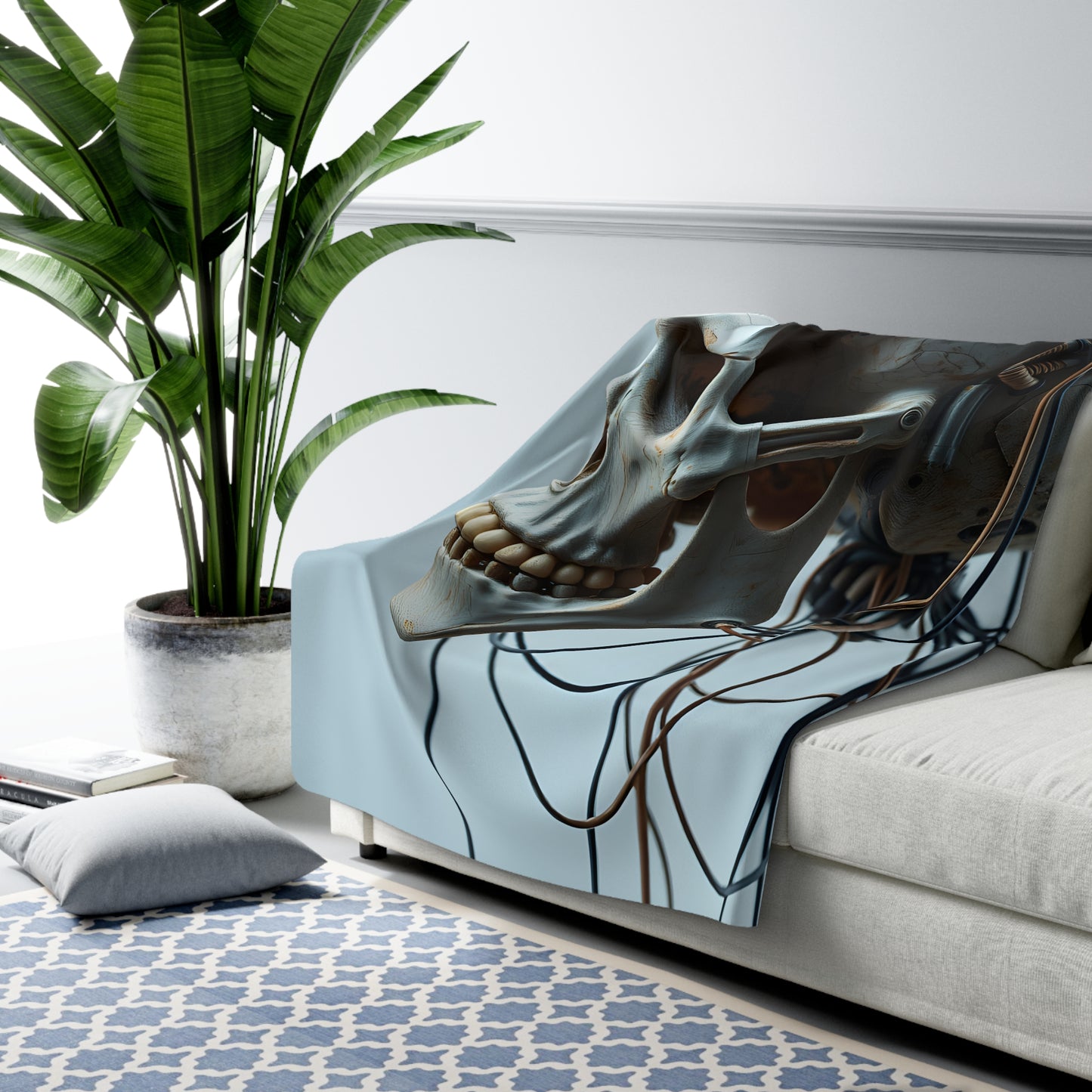 Sherpa Fleece Blanket with Futuristic Skull Design