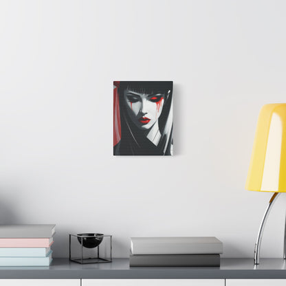 Japanese Art Canvas, Stretched Wall Art, Modern Home Decor, Red and Black Portrait, Unique Gift for Art Lovers, Asian Aesthetic