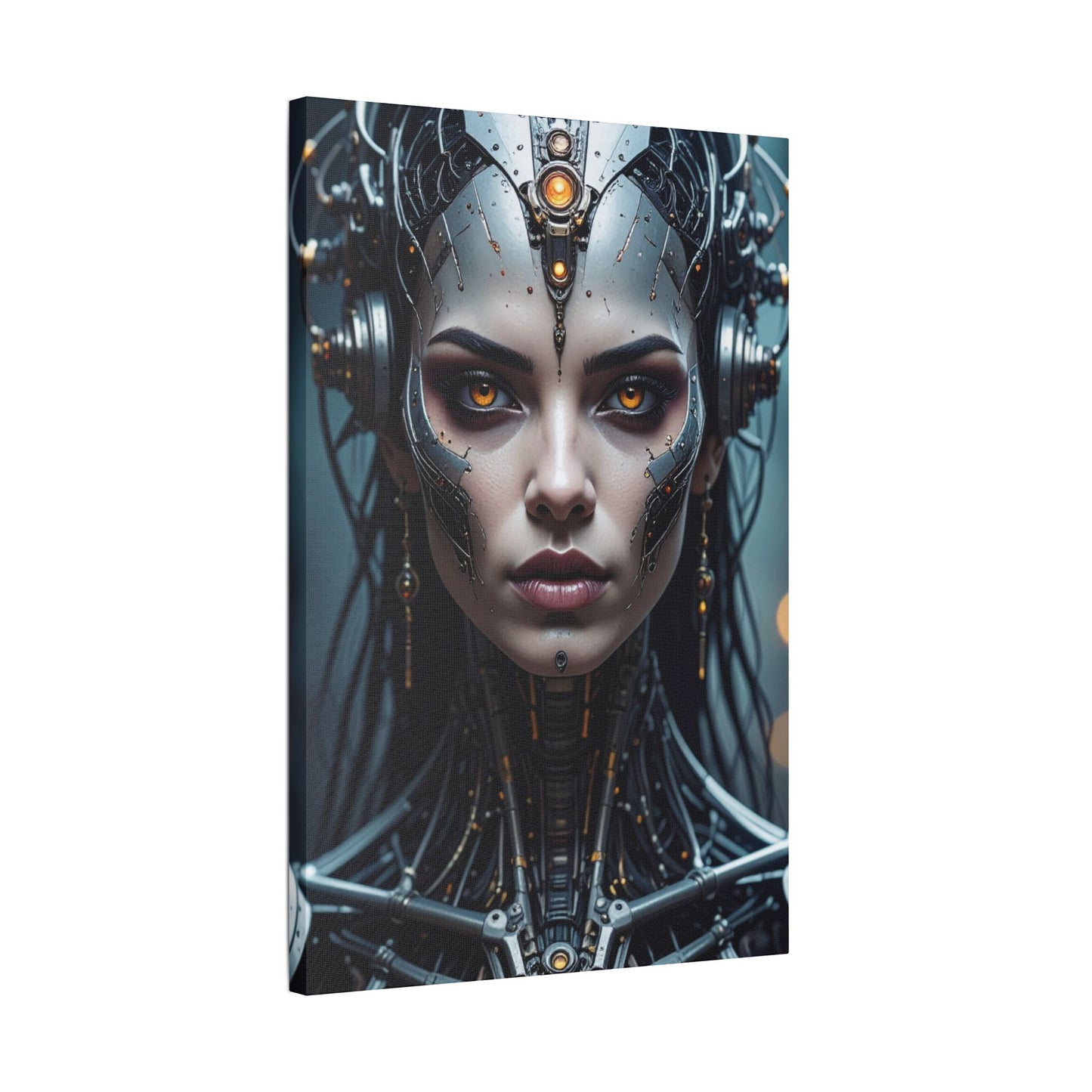 Futuristic Stretched Canvas Art, Cyberpunk Wall Décor, Unique Home Decor, Robot Portrait, Gothic Art Giveaway