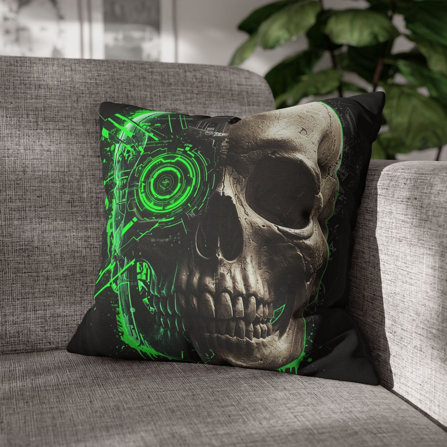 Futuristic Skull Pillowcase | Gothic Decor, Cyberpunk Home Accessories, Unique Gift, Halloween Decor, Throw Pillow
