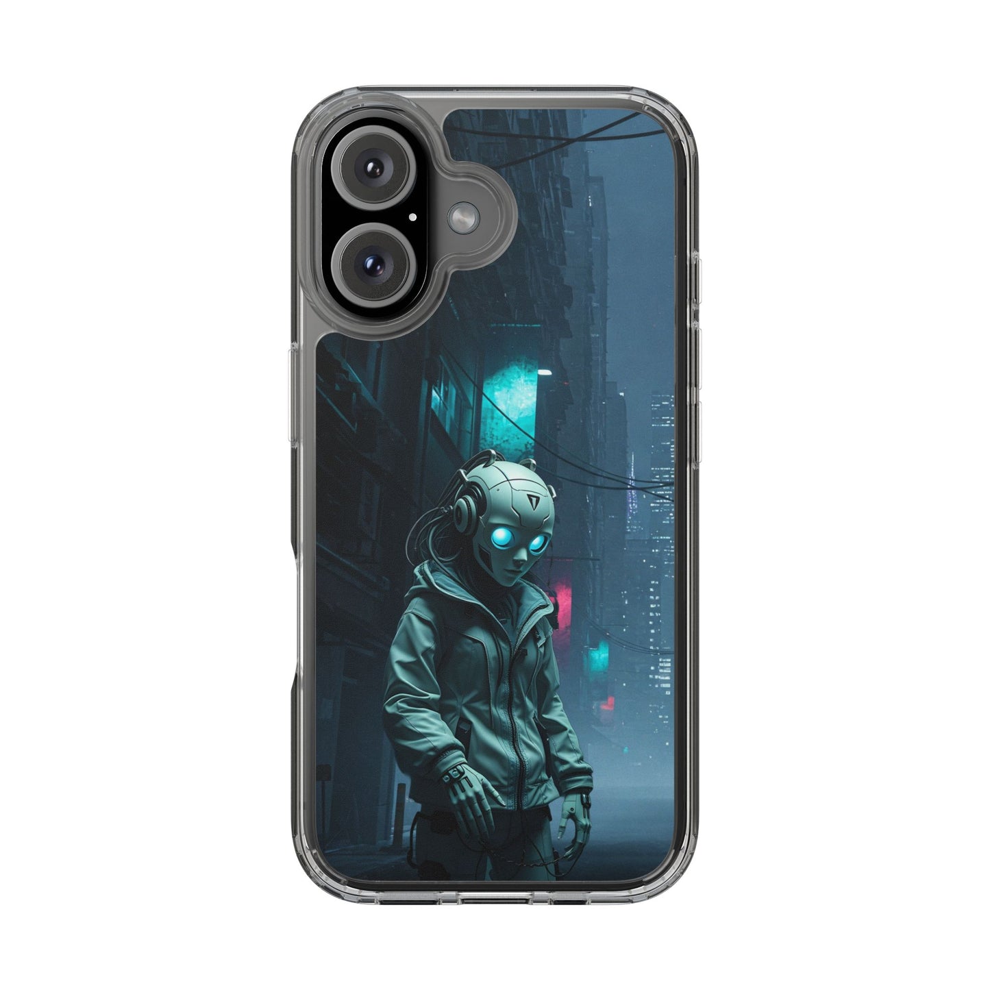 Futuristic Clear Phone Case with Neon City Design