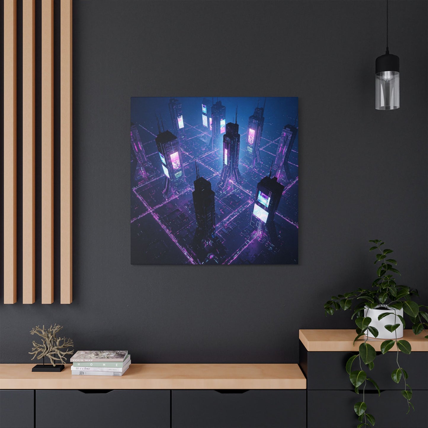 Futuristic Art Canvas, Urban Wall Decor, Retro Digital Print, Cyberpunk Artwork, Modern Home Aesthetic