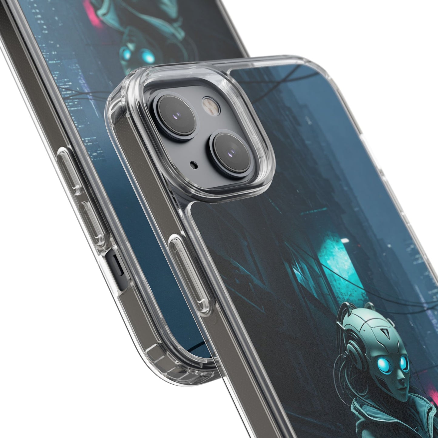 Futuristic Clear Phone Case with Neon City Design