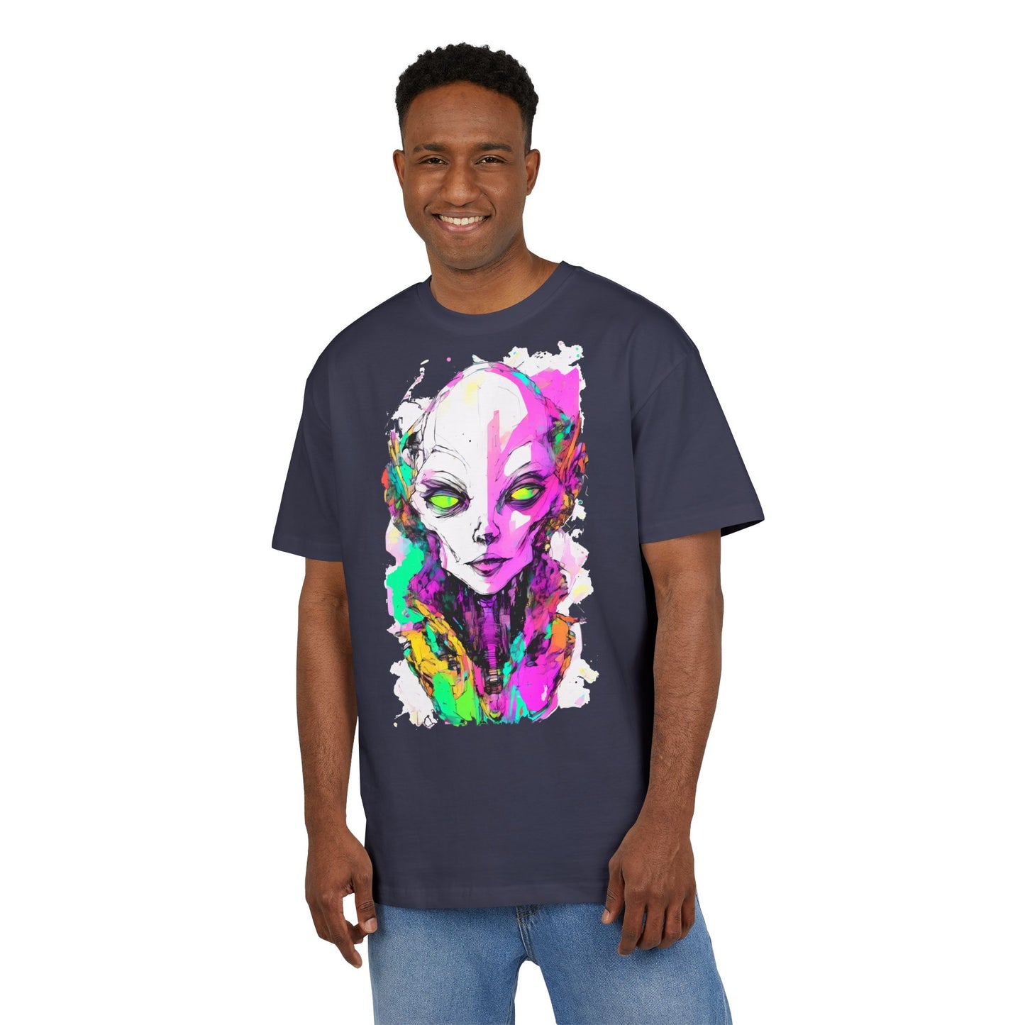Colorful Alien Graphic Unisex Heavy Oversize Tee | Casual Streetwear, Gift for UFO Enthusiasts, Statement Tee, Festival Wear, Unique Art Tee