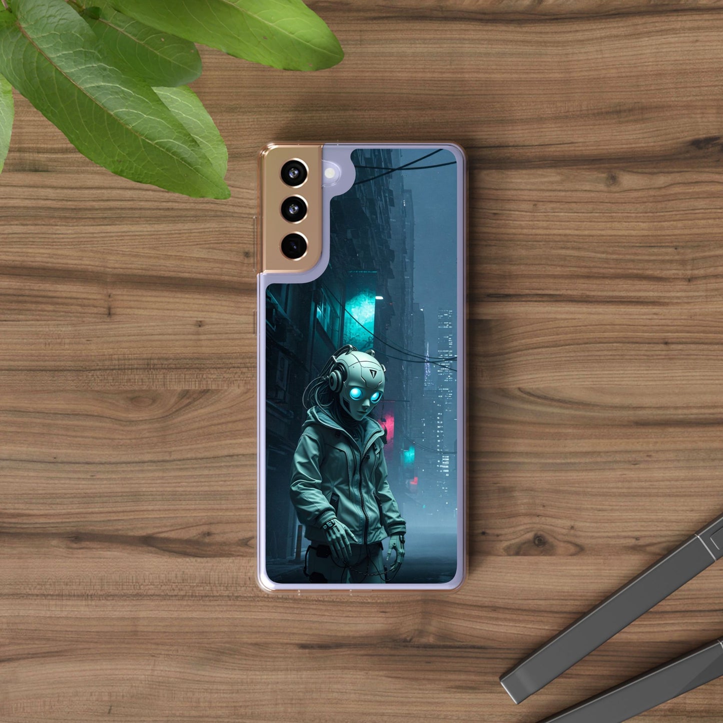Futuristic Clear Phone Case with Neon City Design