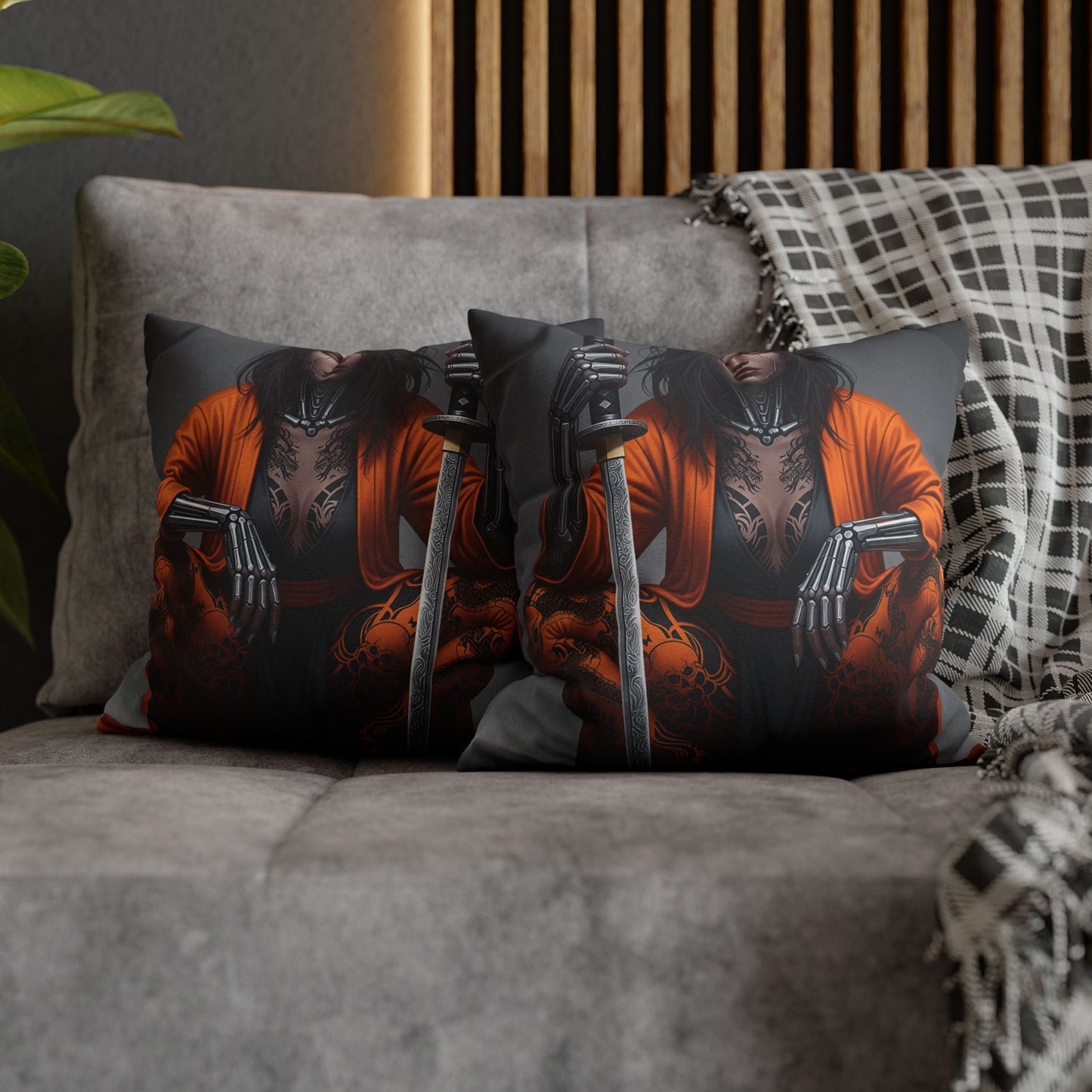 Fierce Warrior Design Pillowcase, Unique Home Decor, Boho Accent Pillow, Anime Art, Gift for Her, Cosplay Lovers