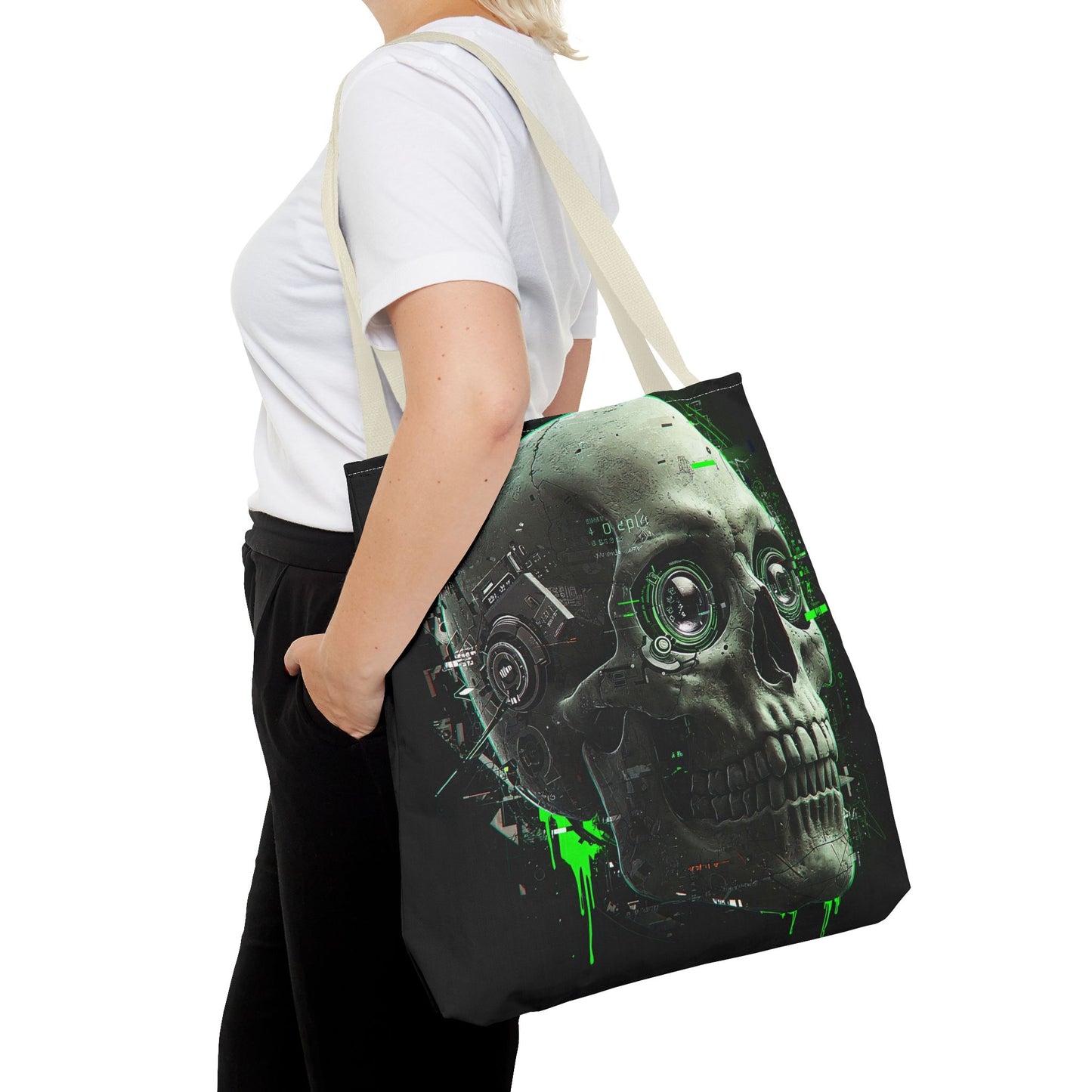 Futuristic Skull Tote Bag, Eco-Friendly Shopping Bag, Graphic Tote, Halloween Gift, Unique Art Bag, Stylish Carryall, Gift for Nerds