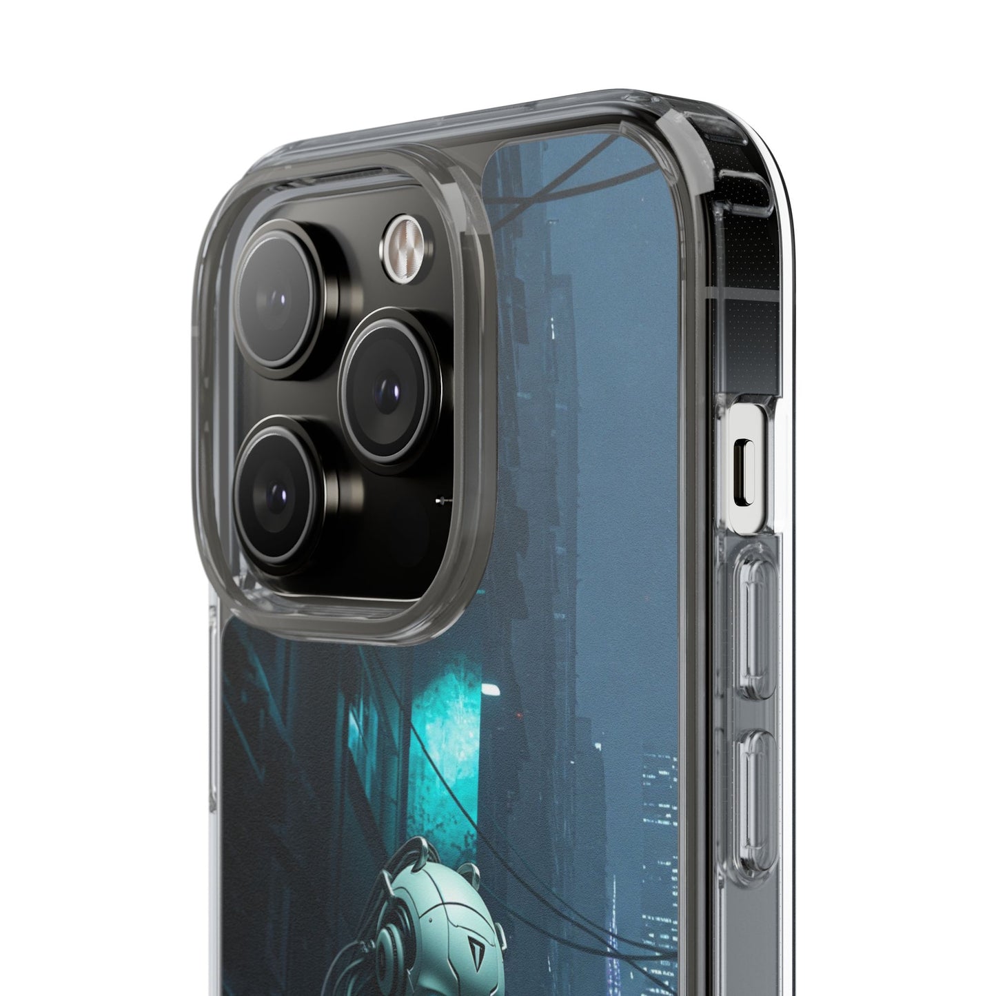 Futuristic Clear Phone Case with Neon City Design