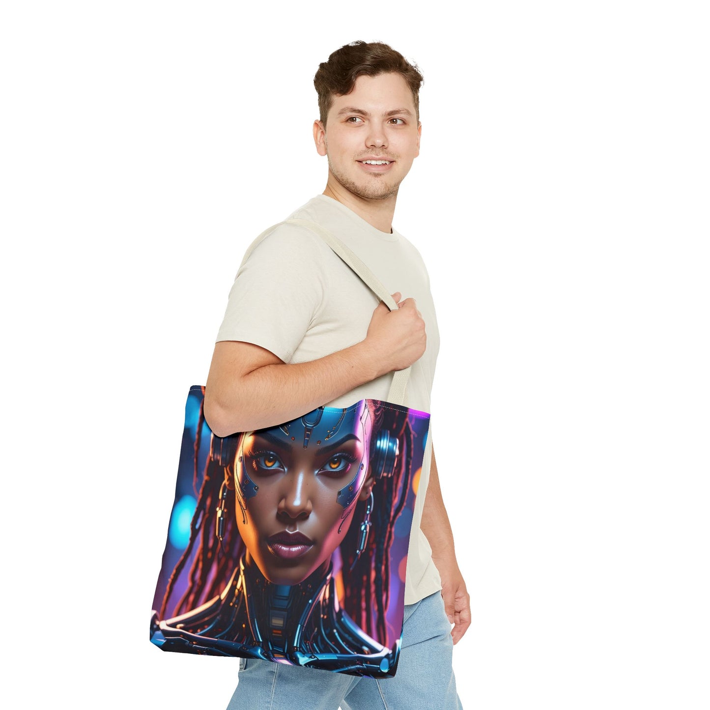 Futuristic Cyberpunk Tote Bag, AOP Tote, Cool Gift for Tech Lovers, Stylish Bag for Everyday Use, Space-Themed Fashion