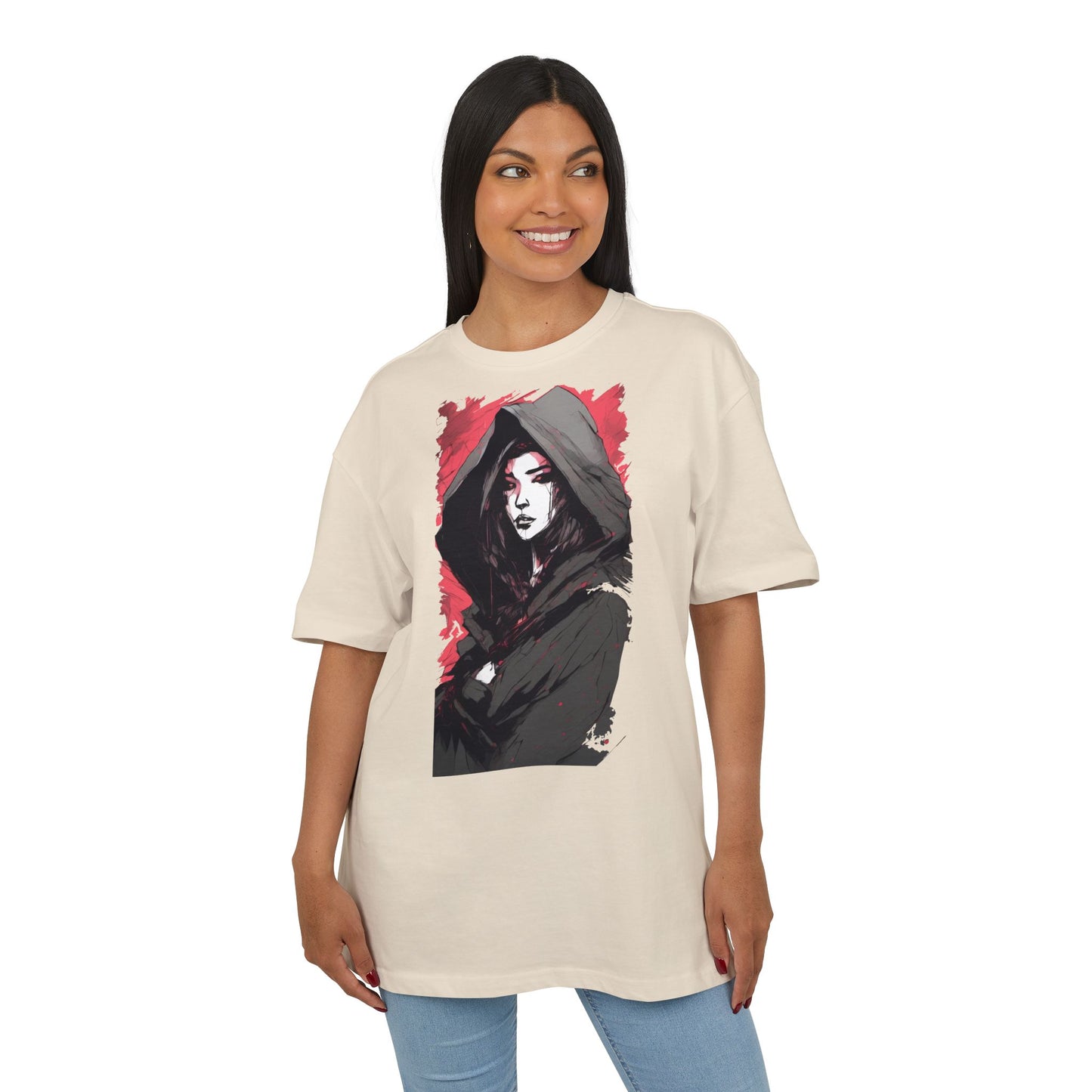Artistic Oversize Tee with Hooded Character Design, Unisex Streetwear, Graphic Tee, Casual Wear, Unique Gift, Fashion Statement