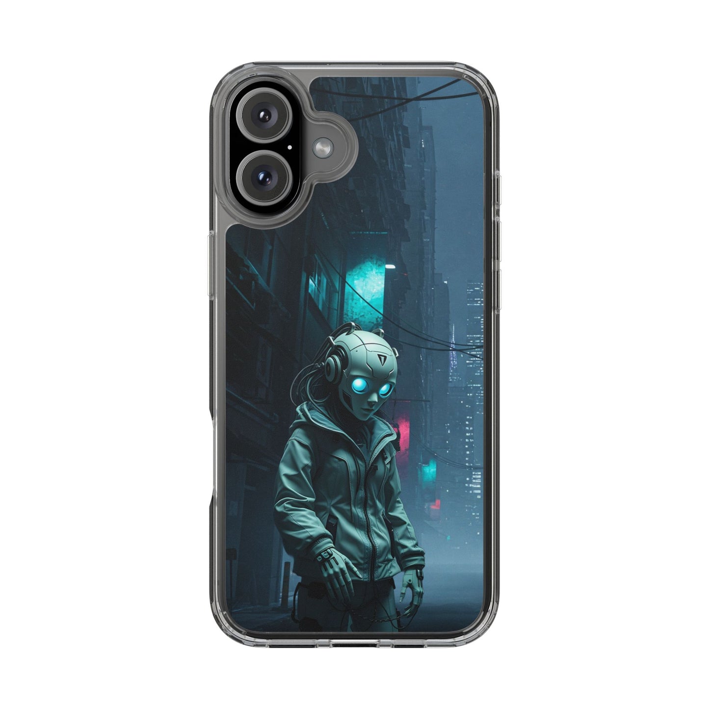 Futuristic Clear Phone Case with Neon City Design