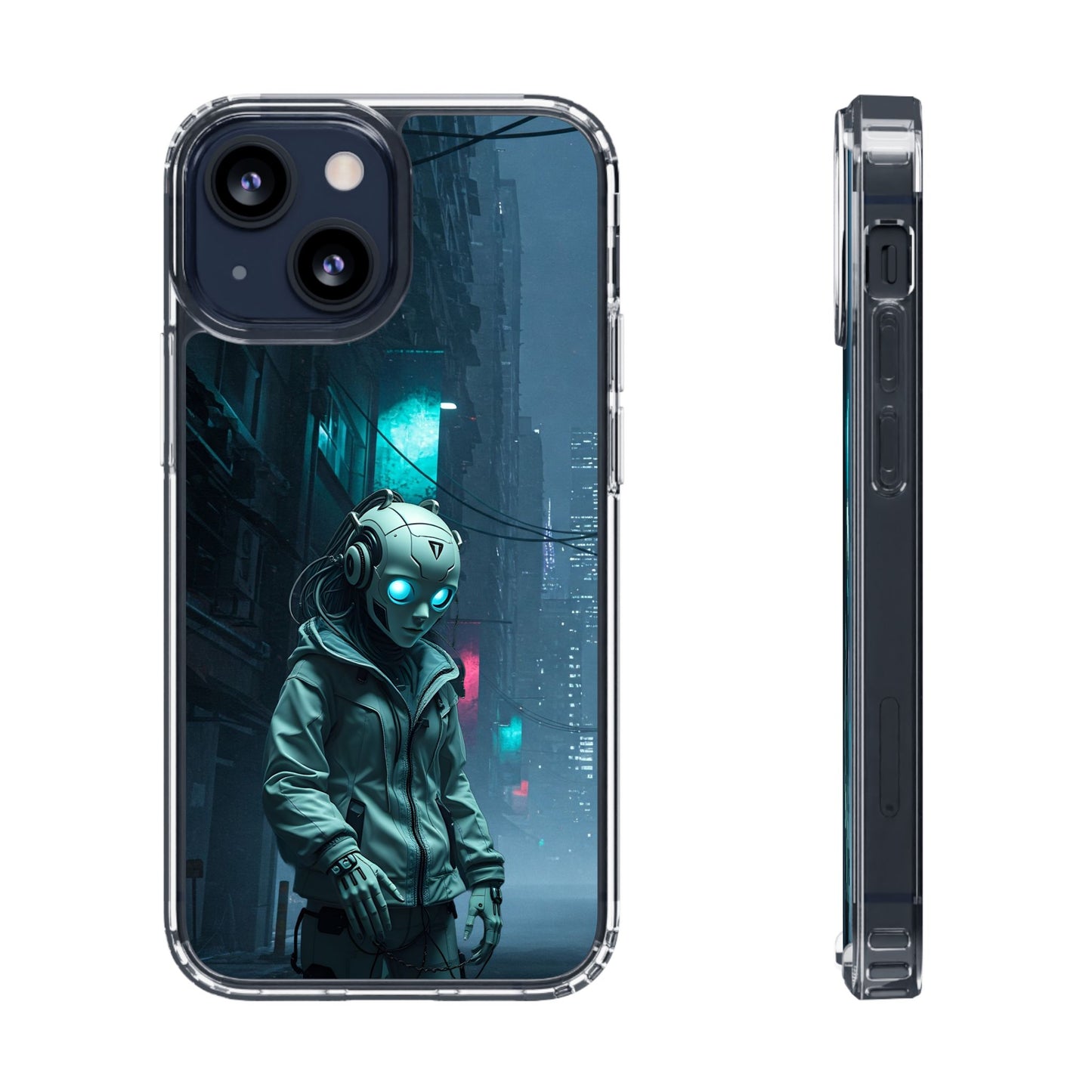 Futuristic Clear Phone Case with Neon City Design