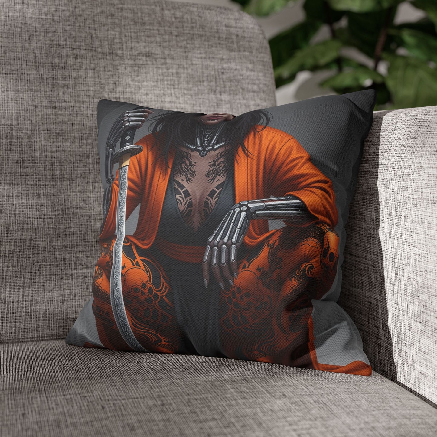 Fierce Warrior Design Pillowcase, Unique Home Decor, Boho Accent Pillow, Anime Art, Gift for Her, Cosplay Lovers