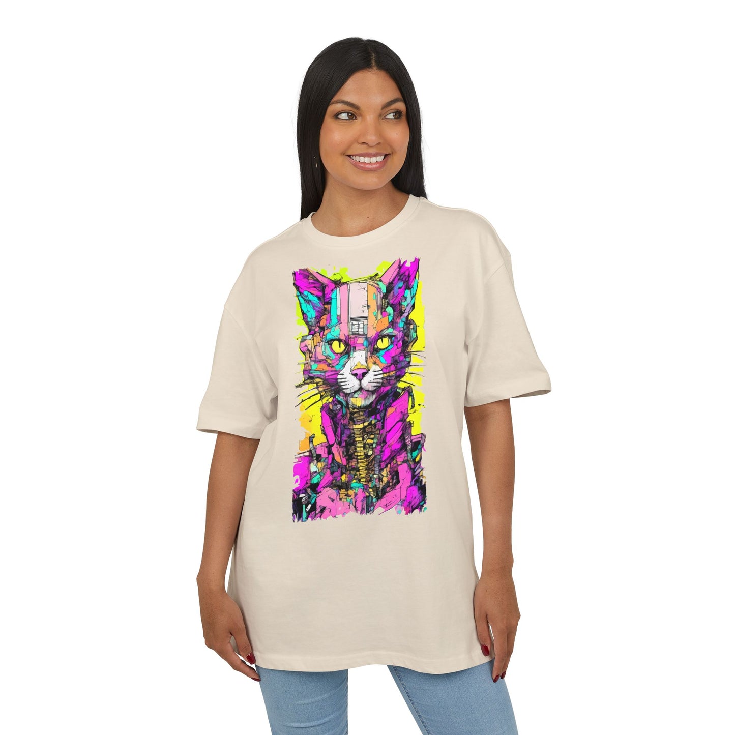Colorful Cat Graphic Tee, Unisex Heavy Oversize T-Shirt, Funky Cat Art Shirt, Gift for Cat Lovers, Unique Casual Wear